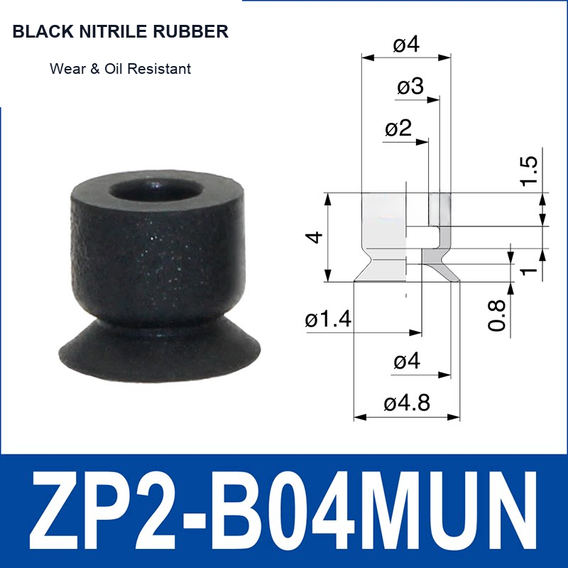 ZP2-B04MUN Black Nitrile Rubber mini vacuum suction cup and technical dimensions