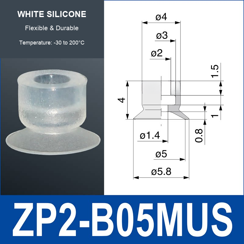 ZP2-B05MUS White Silicone mini vacuum suction cup and technical dimensions