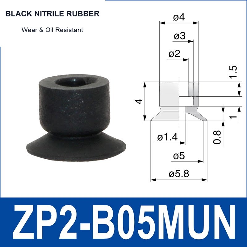 ZP2-B05MUN Black Nitrile Rubber mini vacuum suction cup and technical dimensions