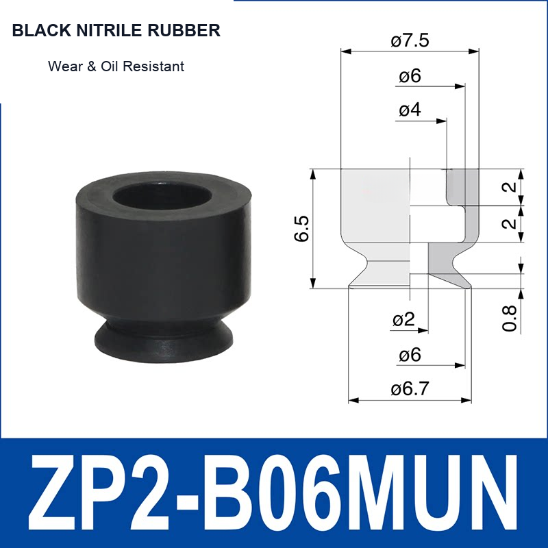 ZP2-B06MUN Black Nitrile Rubber mini vacuum suction cup and technical dimensions