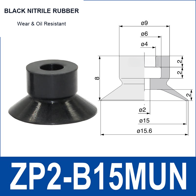 ZP2-B15MUN Black Nitrile Rubber mini vacuum suction cup and technical dimensions