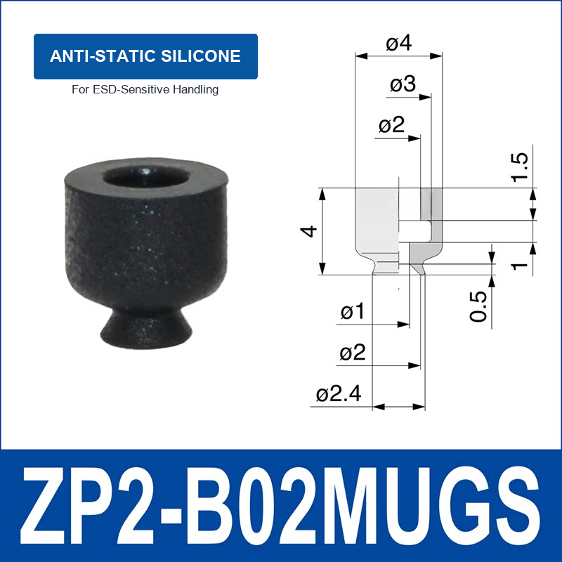 ZP2-B02MUGS Anti-Static Silicone mini vacuum suction cup and technical dimensions