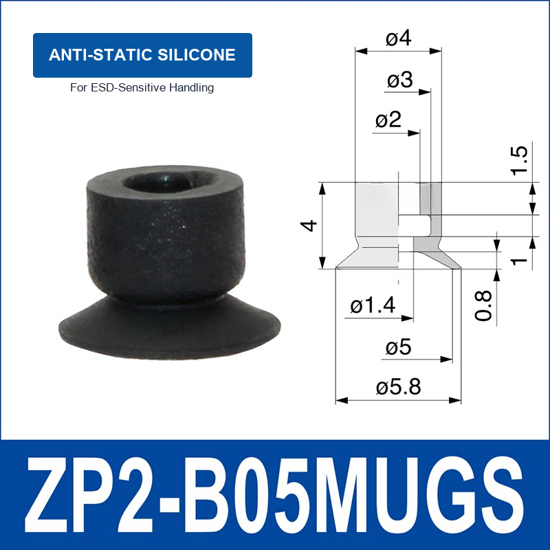 ZP2-B05MUGS Anti-Static Silicone mini vacuum suction cup and technical dimensions