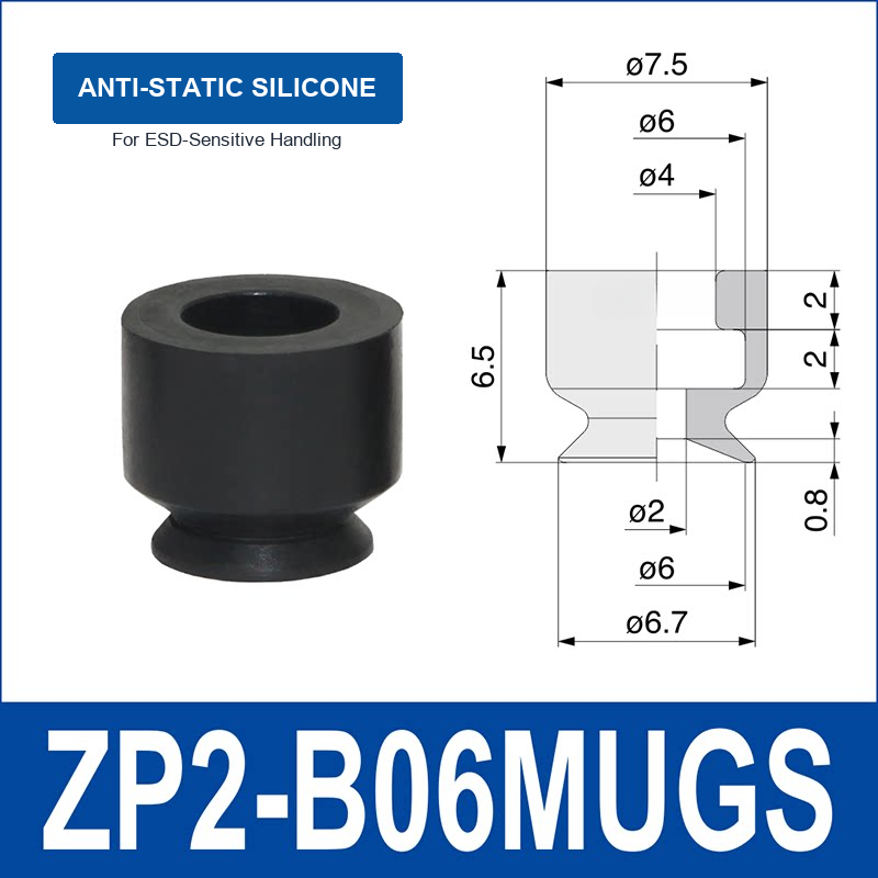 ZP2-B06MUGS Anti-Static Silicone mini vacuum suction cup and technical dimensions