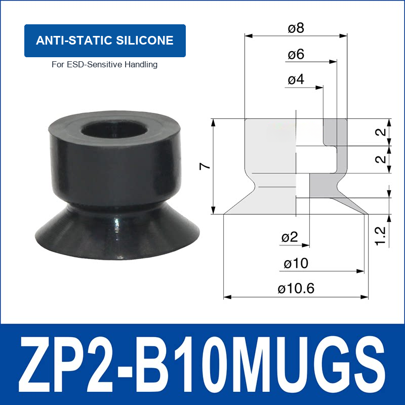 ZP2-B10MUGS Anti-Static Silicone mini vacuum suction cup and technical dimensions