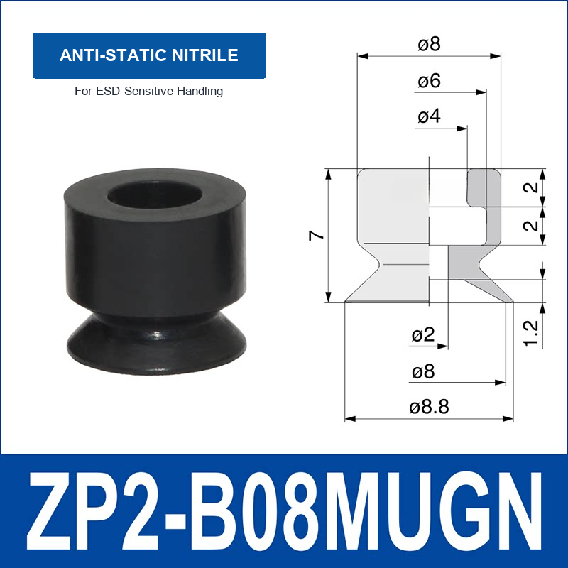 ZP2-B08MUGN Anti-Static Nitrile Rubber mini vacuum suction cup and technical dimensions