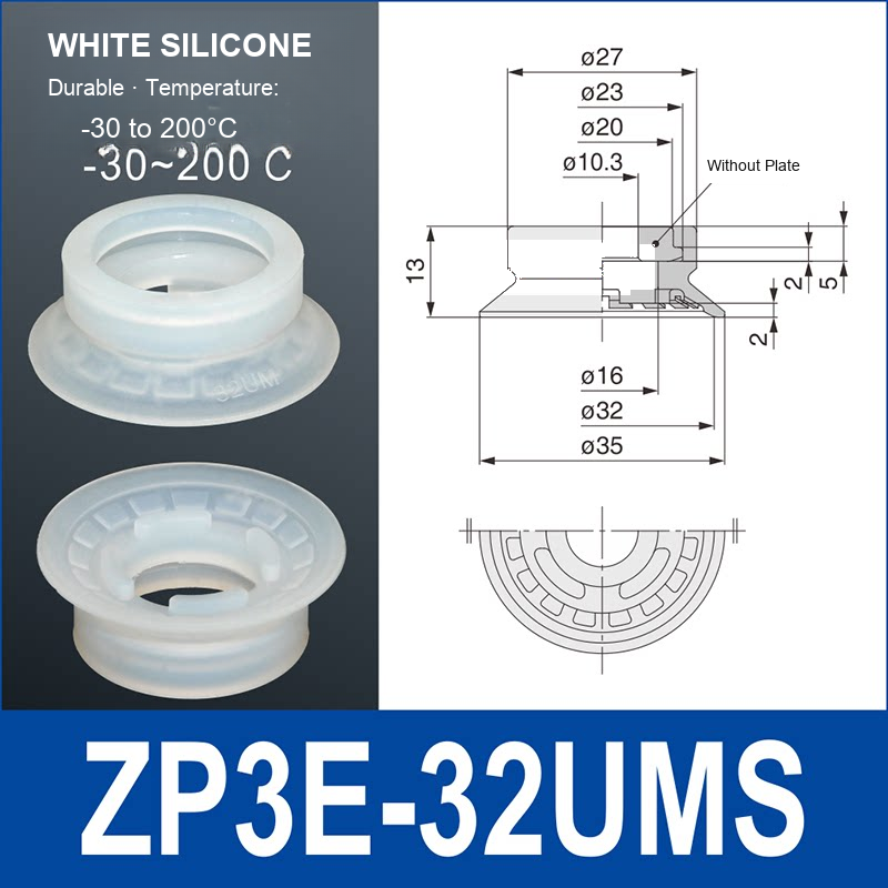ZP3E-32UMS White Silicone heavy-duty vacuum suction cup and technical dimensions
