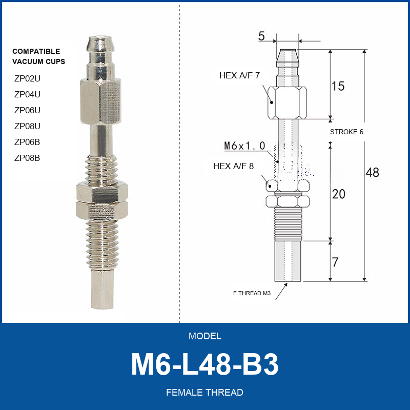 M6-L48-B3 Female Thread M6 vacuum cup holder with dimensional drawing