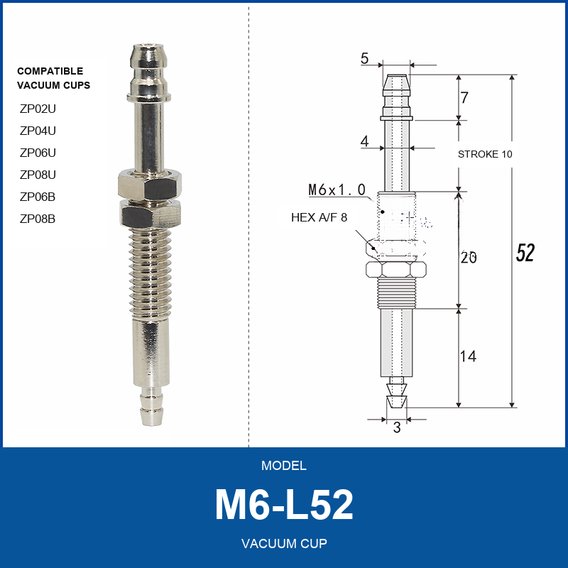 M6-L52 M6 vacuum cup holder with dimensional drawing
