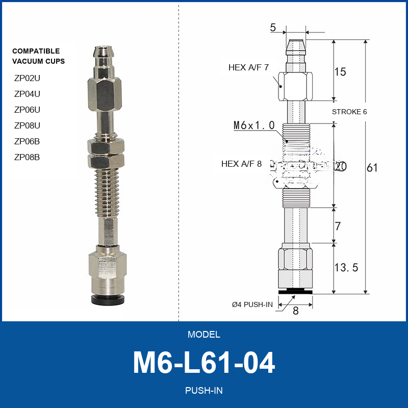 M6-L61-04 Push-in M6 vacuum cup holder with dimensional drawing
