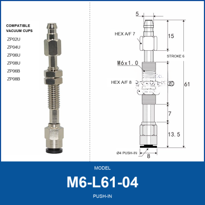 M6-L61-04 Push-in M6 vacuum cup holder with dimensional drawing