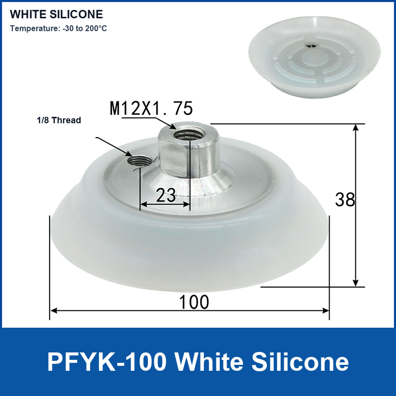 PFYK-100 White Silicone heavy-duty flat vacuum suction cup and technical dimensions