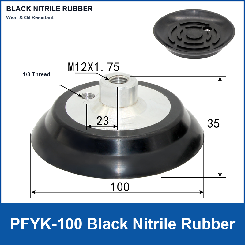 PFYK-100 Black Nitrile Rubber heavy-duty flat vacuum suction cup and technical dimensions