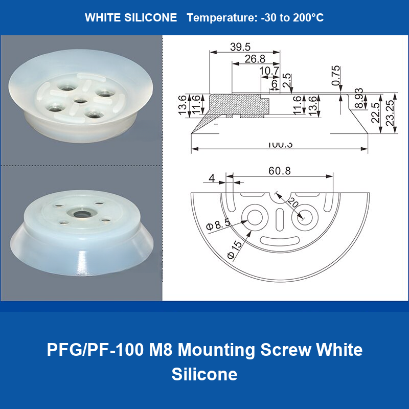 PFG/PF-100 M8 Mounting Screw White Silicone heavy-duty flat vacuum suction cup and technical dimensions