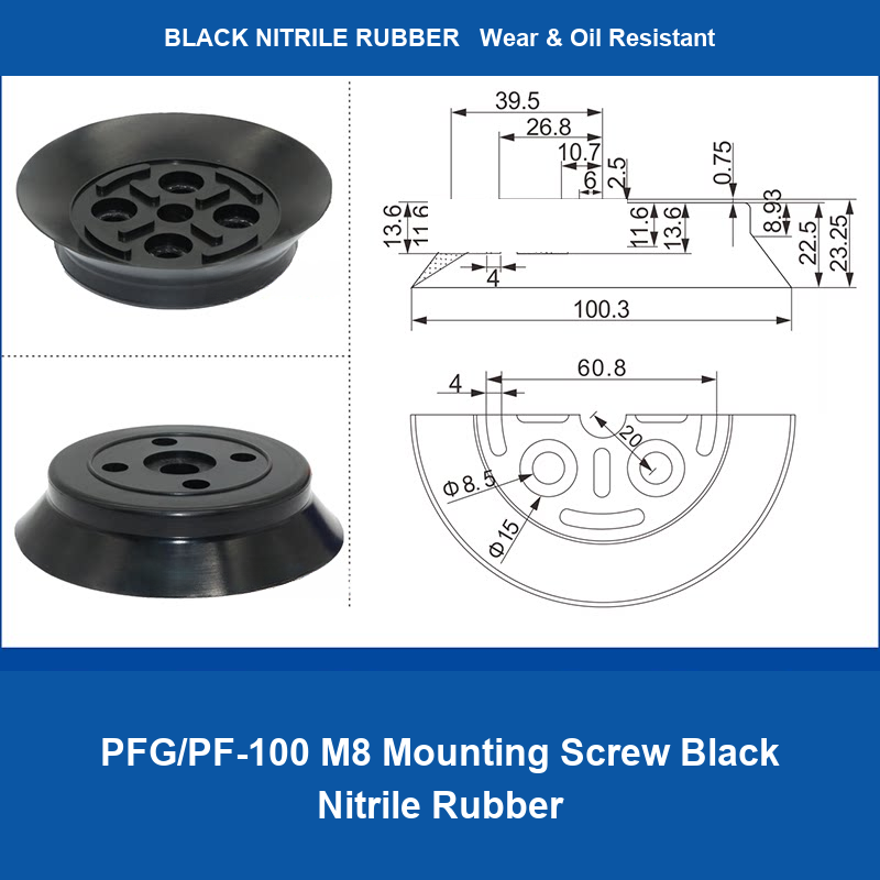 PFG/PF-100 M8 Mounting Screw Black Nitrile Rubber heavy-duty flat vacuum suction cup and technical dimensions