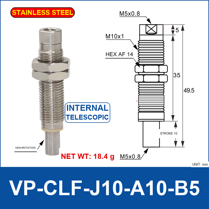 VP-CLF-J10-A10-B5 – Non-Rotation, 10 mm Stroke, stainless steel telescopic vacuum buffer fitting, M10×1 / M5×0.8 threads, with technical dimensions