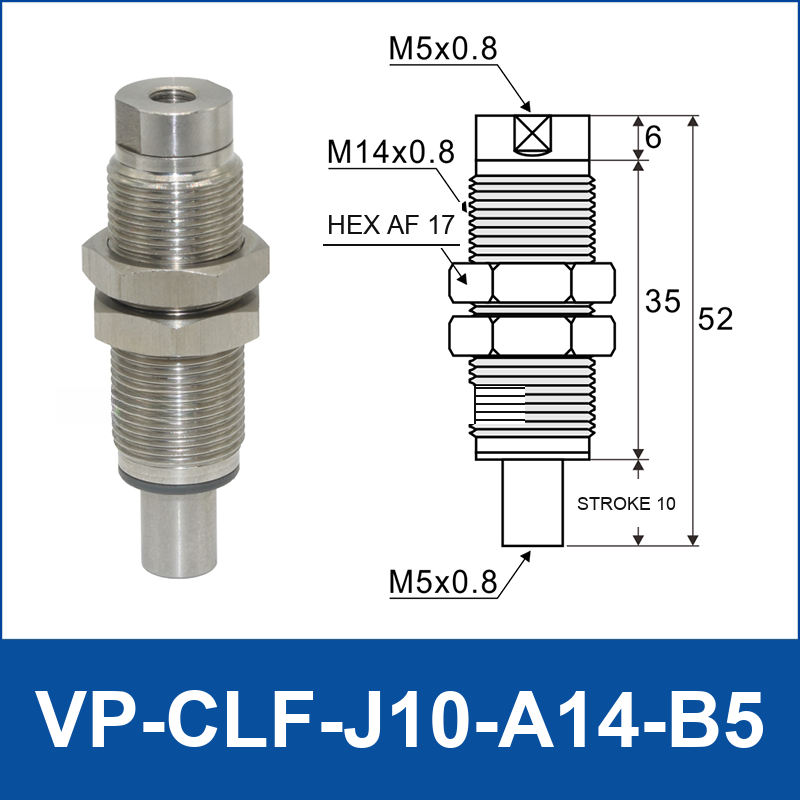 VP-CLF-J10-A14-B5 – Non-Rotation, 10 mm Stroke, stainless steel telescopic vacuum buffer fitting, M14×0.8 / M5×0.8 threads, with technical dimensions