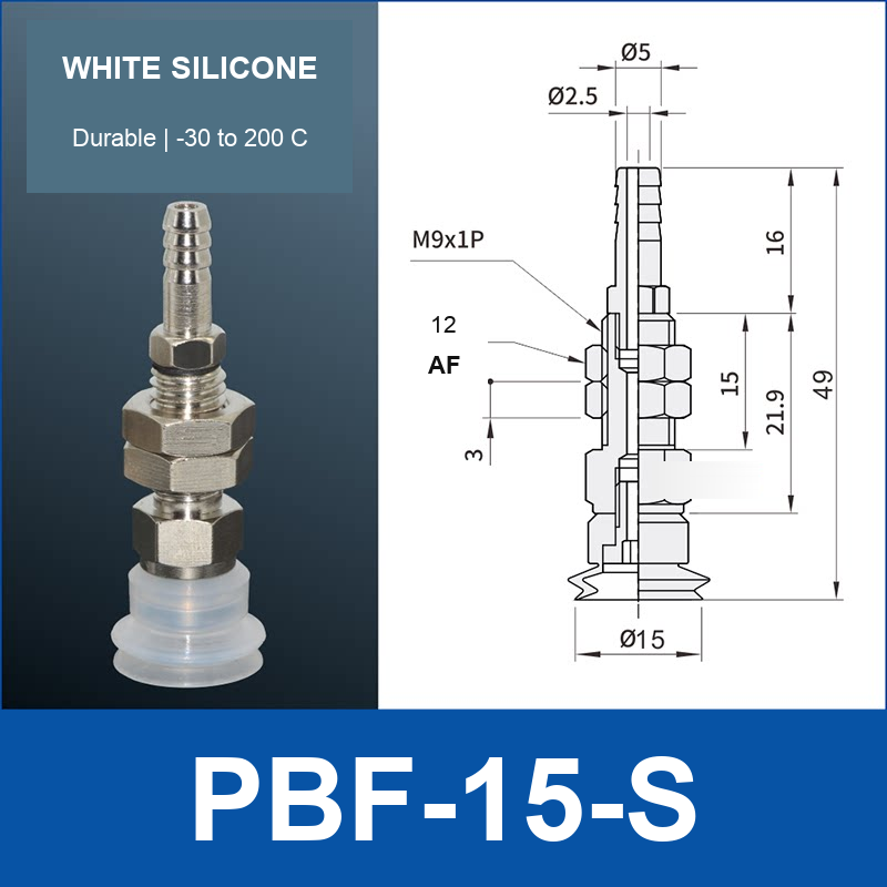 PBF-15-S PBF flat vacuum cup assembly, white silicone, with technical dimensions