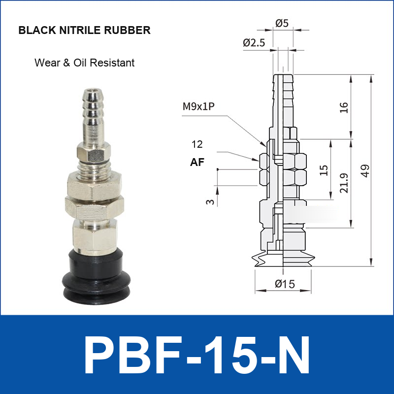 PBF-15-N PBF flat vacuum cup assembly, black nitrile rubber, with technical dimensions