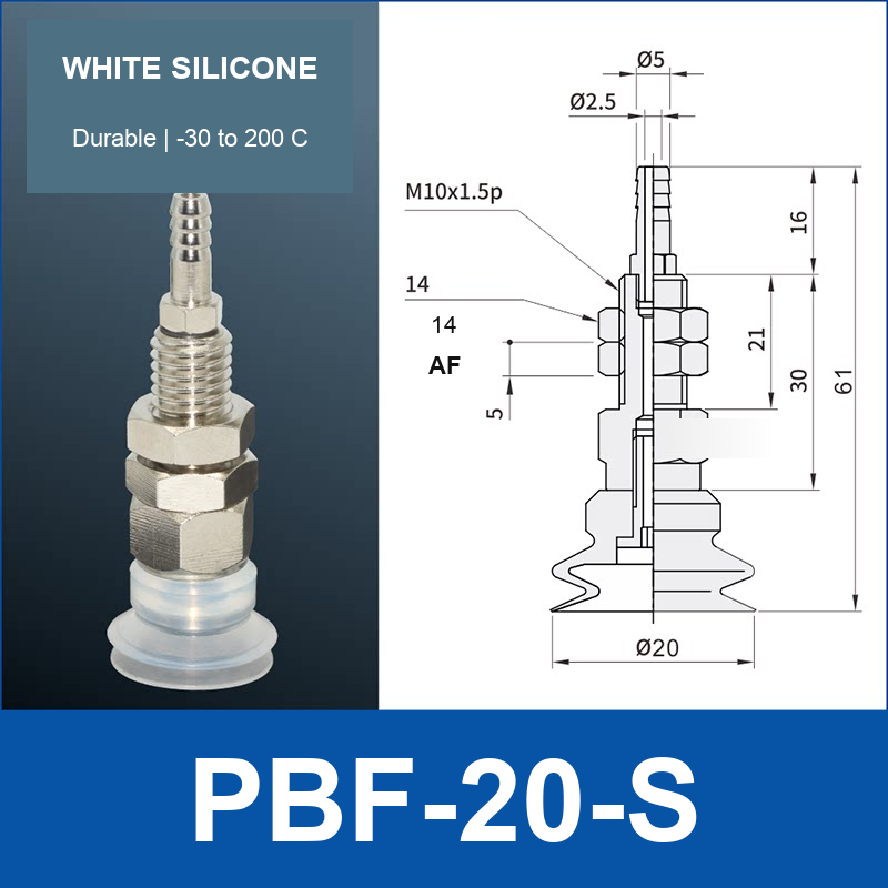 PBF-20-S PBF flat vacuum cup assembly, white silicone, with technical dimensions