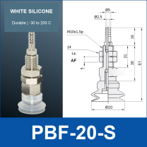 PBF-20-S PBF flat vacuum cup assembly, white silicone, with technical dimensions