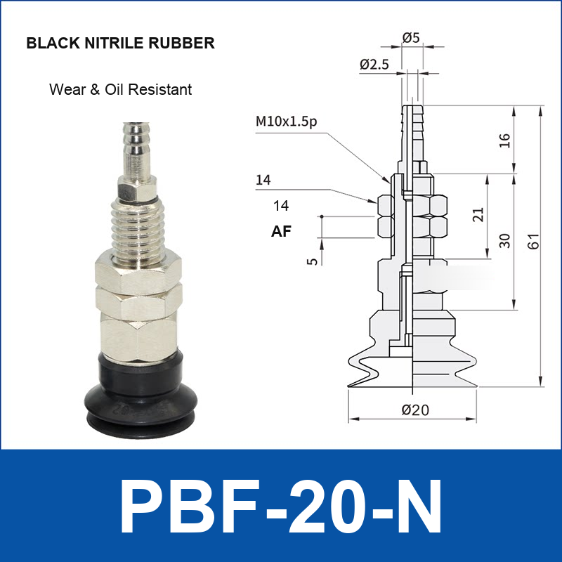 PBF-20-N PBF flat vacuum cup assembly, black nitrile rubber, with technical dimensions