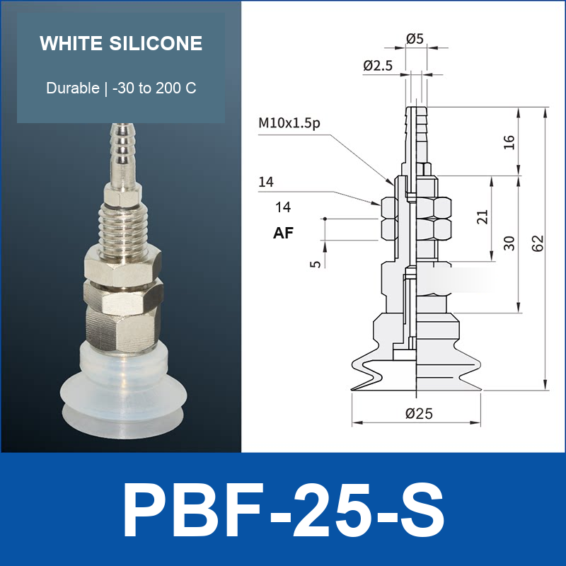 PBF-25-S PBF flat vacuum cup assembly, white silicone, with technical dimensions