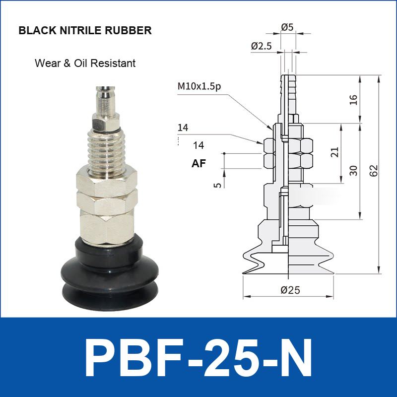 PBF-25-N PBF flat vacuum cup assembly, black nitrile rubber, with technical dimensions
