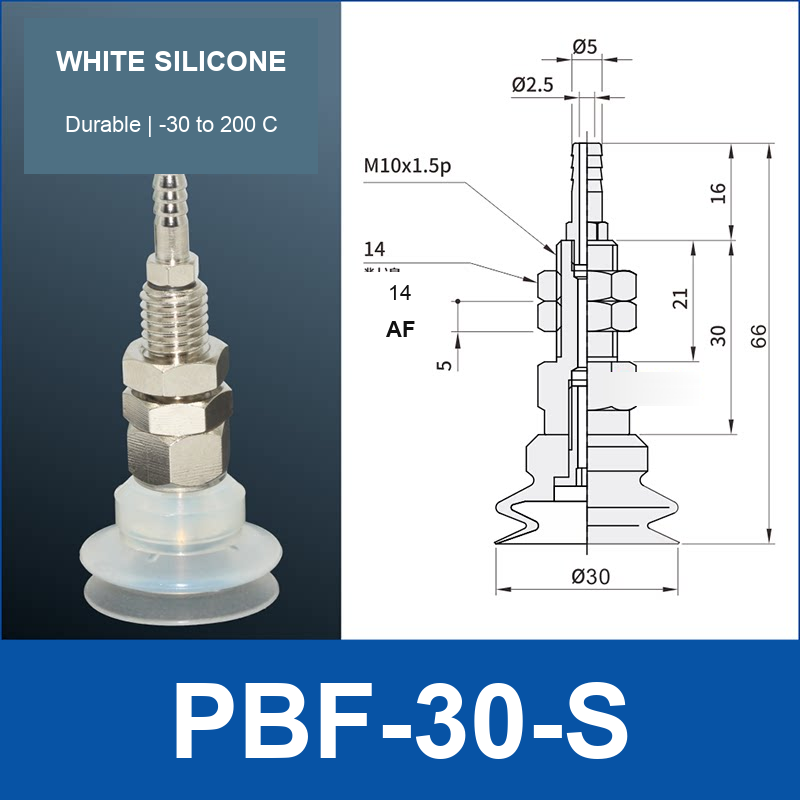 PBF-30-S PBF flat vacuum cup assembly, white silicone, with technical dimensions