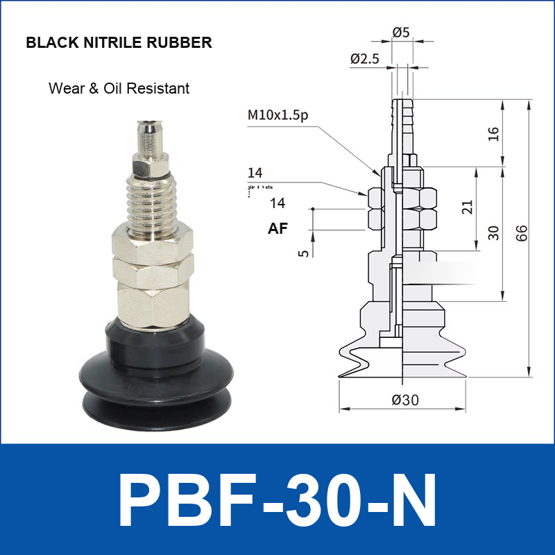 PBF-30-N PBF flat vacuum cup assembly, black nitrile rubber, with technical dimensions
