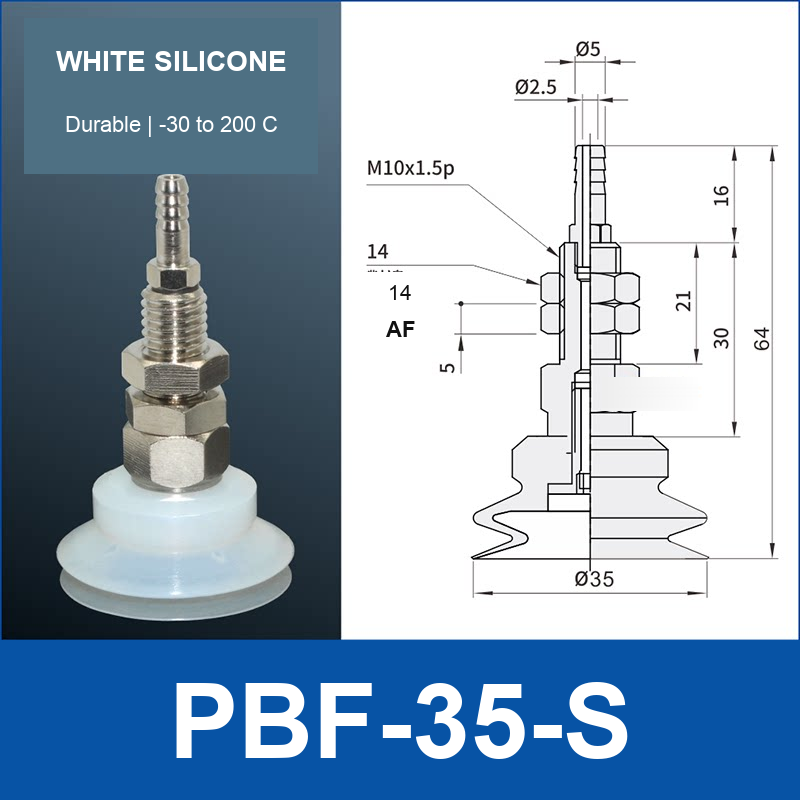 PBF-35-S PBF flat vacuum cup assembly, white silicone, with technical dimensions