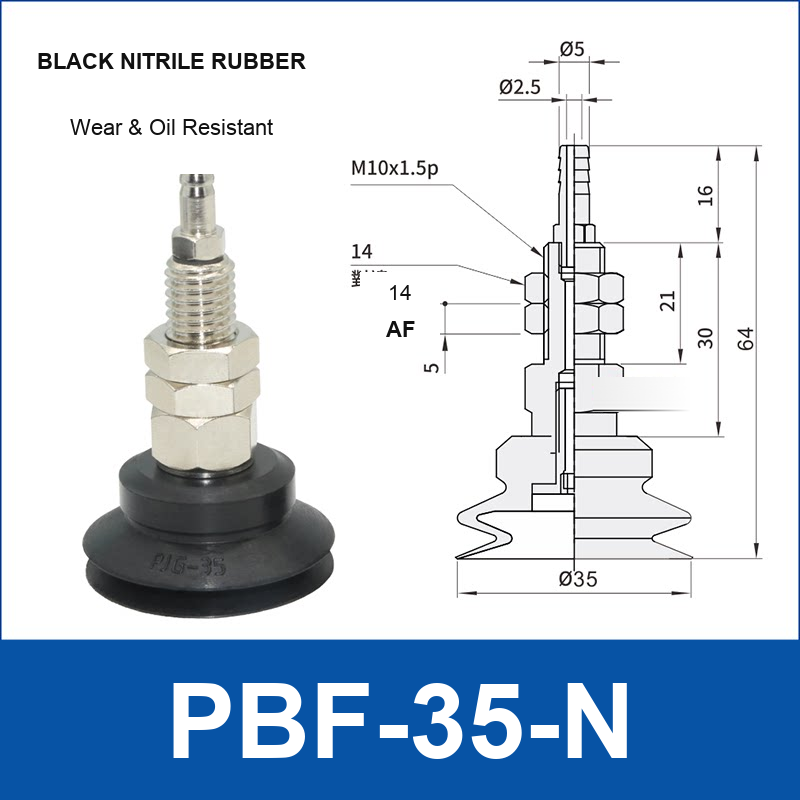 PBF-35-N PBF flat vacuum cup assembly, black nitrile rubber, with technical dimensions