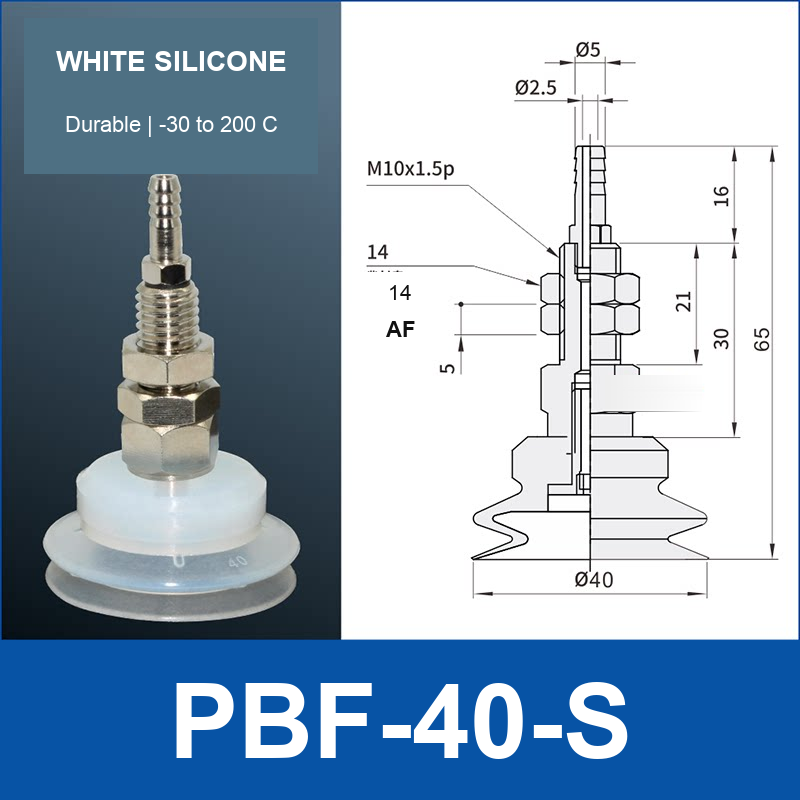PBF-40-S PBF flat vacuum cup assembly, white silicone, with technical dimensions