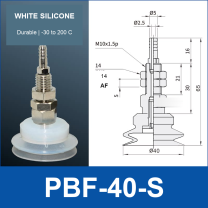PBF-40-S PBF flat vacuum cup assembly, white silicone, with technical dimensions