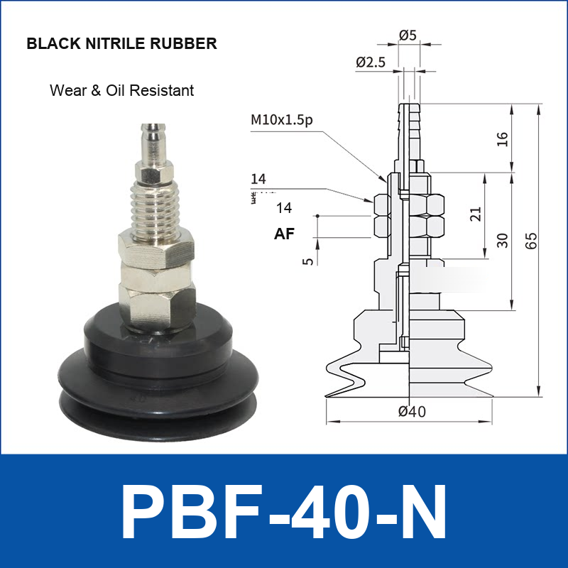 PBF-40-N PBF flat vacuum cup assembly, black nitrile rubber, with technical dimensions