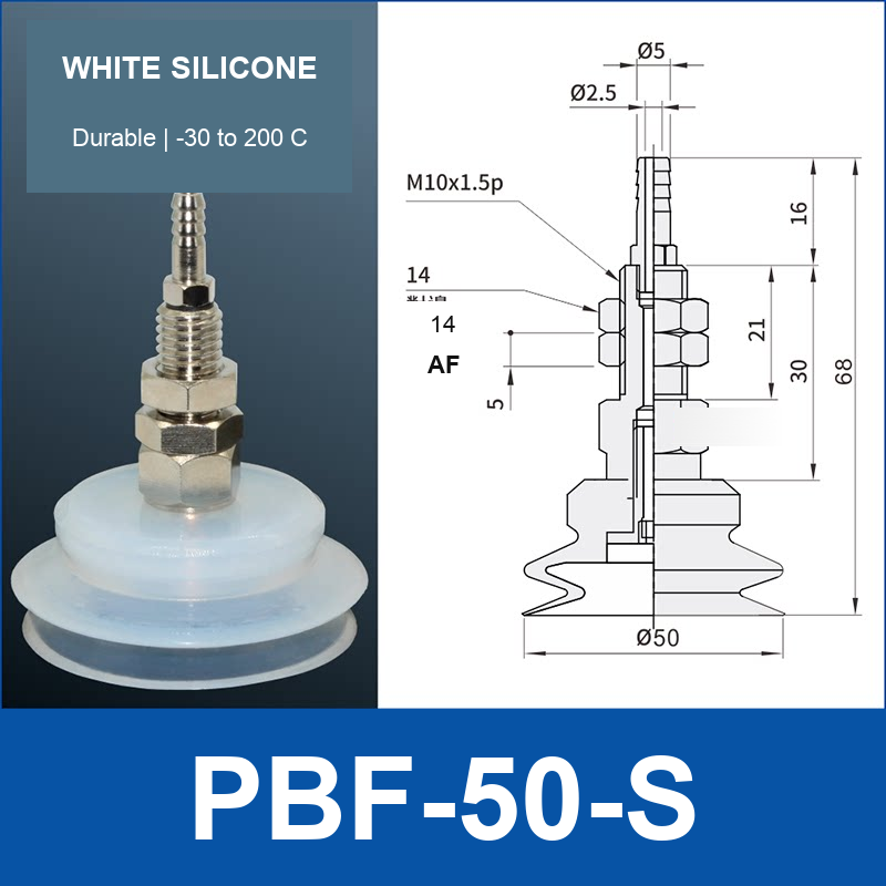PBF-50-S PBF flat vacuum cup assembly, white silicone, with technical dimensions