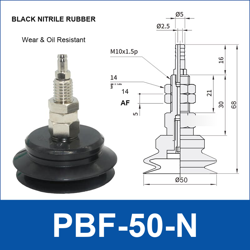 PBF-50-N PBF flat vacuum cup assembly, black nitrile rubber, with technical dimensions