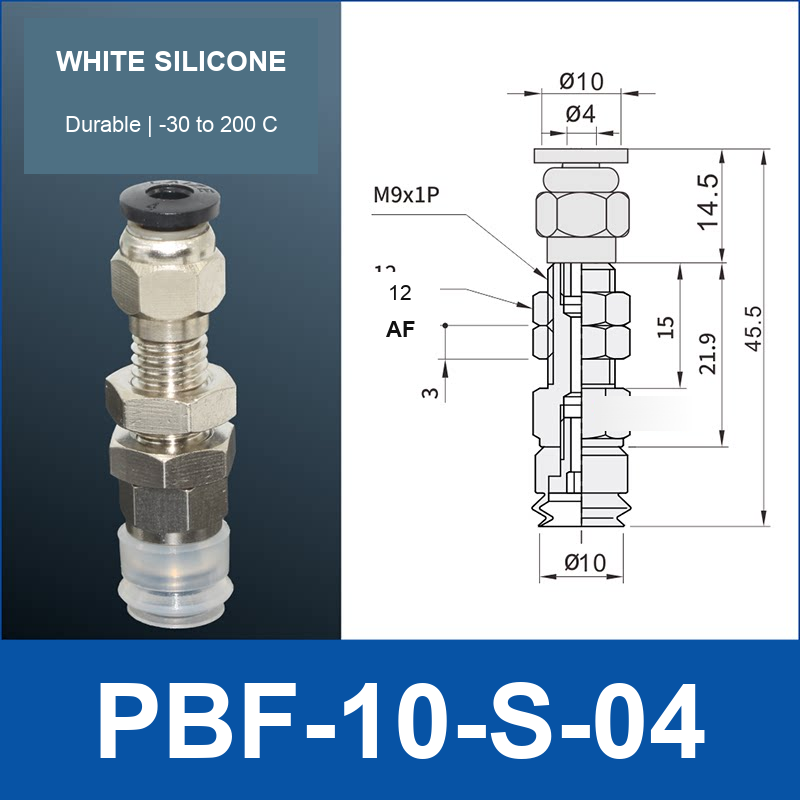 PBF-10-S-04 PBF flat vacuum cup assembly, white silicone, with technical dimensions