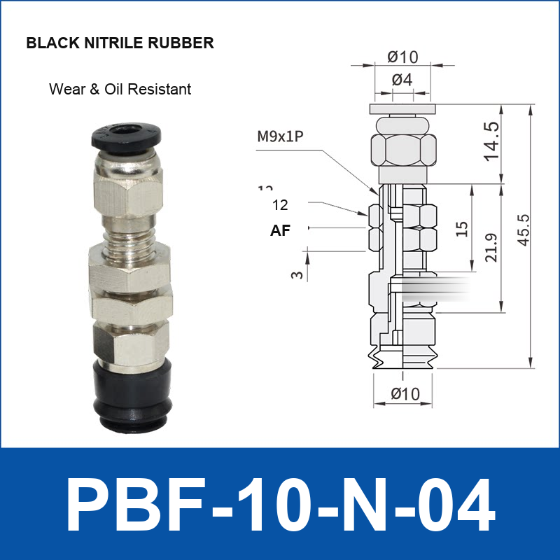 PBF-10-N-04 PBF flat vacuum cup assembly, black nitrile rubber, with technical dimensions