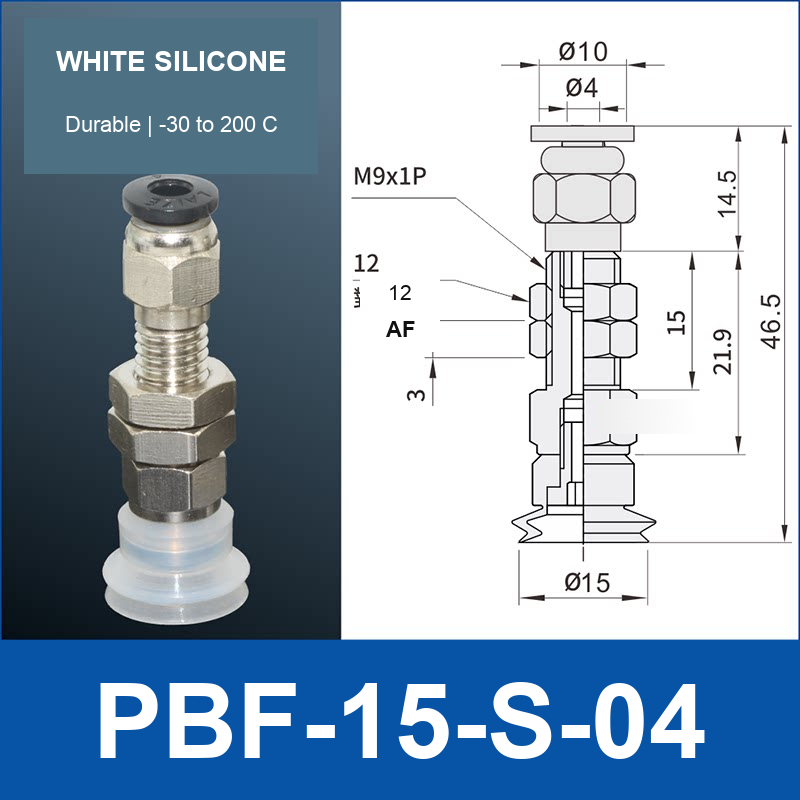 PBF-15-S-04 PBF flat vacuum cup assembly, white silicone, with technical dimensions