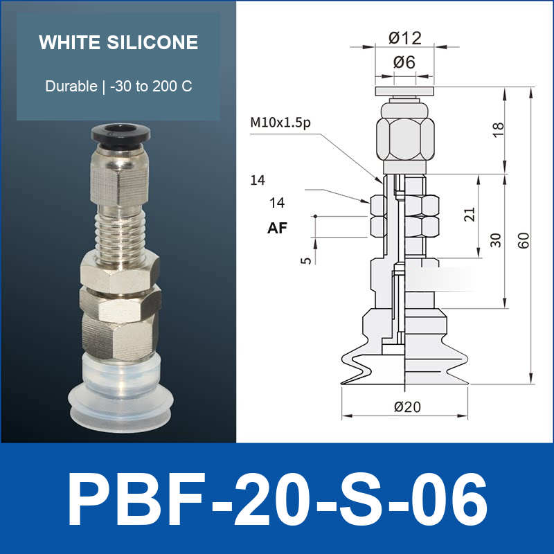 PBF-20-S-06 PBF flat vacuum cup assembly, white silicone, with technical dimensions