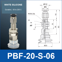 PBF-20-S-06 PBF flat vacuum cup assembly, white silicone, with technical dimensions