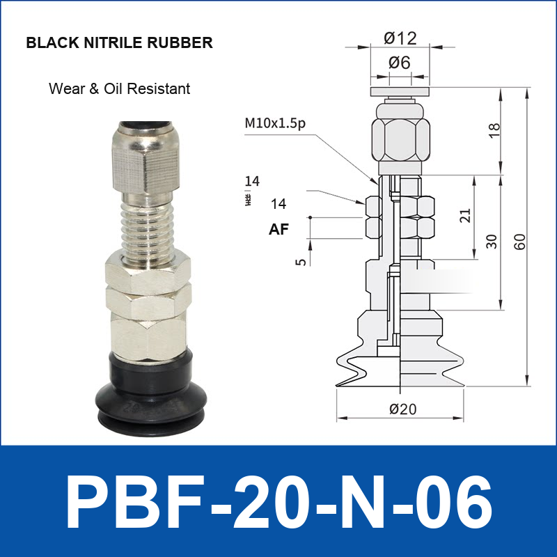 PBF-20-N-06 PBF flat vacuum cup assembly, black nitrile rubber, with technical dimensions