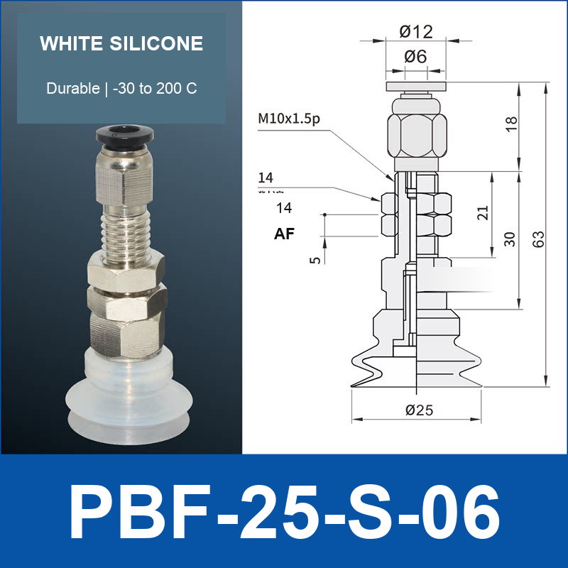 PBF-25-S-06 PBF flat vacuum cup assembly, white silicone, with technical dimensions