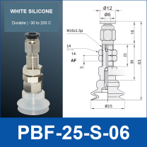 PBF-25-S-06 PBF flat vacuum cup assembly, white silicone, with technical dimensions