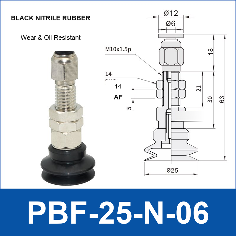 PBF-25-N-06 PBF flat vacuum cup assembly, black nitrile rubber, with technical dimensions