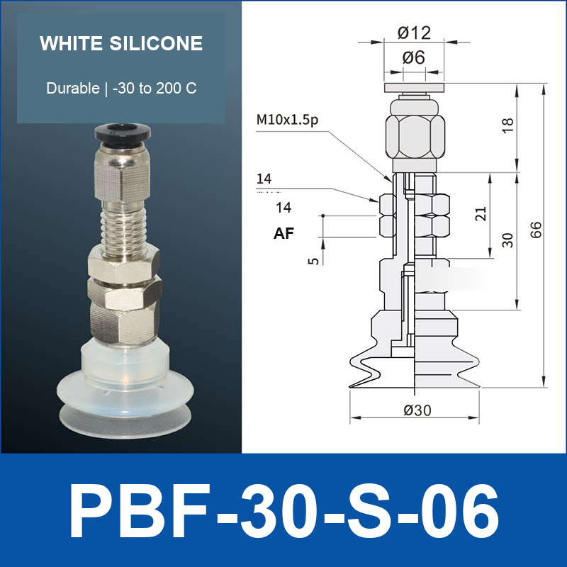 PBF-30-S-06 PBF flat vacuum cup assembly, white silicone, with technical dimensions