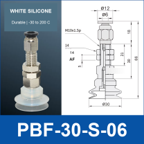 PBF-30-S-06 PBF flat vacuum cup assembly, white silicone, with technical dimensions