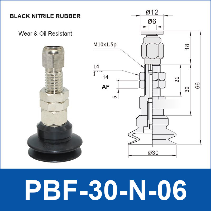 PBF-30-N-06 PBF flat vacuum cup assembly, black nitrile rubber, with technical dimensions