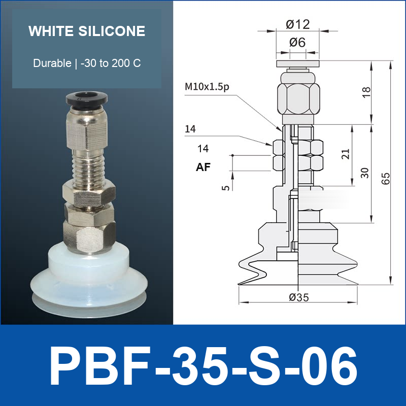 PBF-35-S-06 PBF flat vacuum cup assembly, white silicone, with technical dimensions